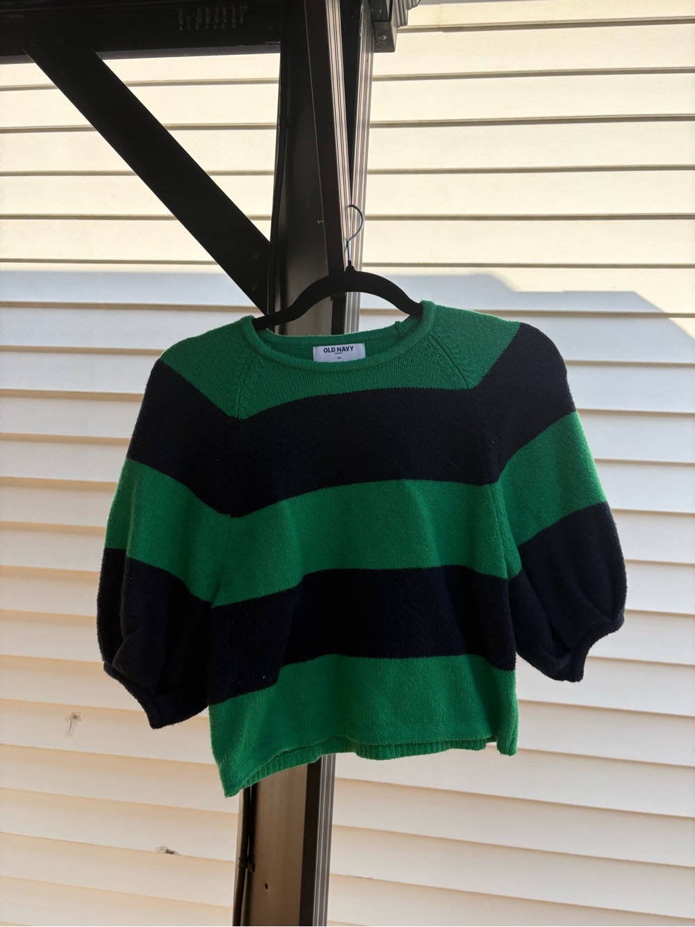 Old Navy Green and Navy Striped Puff Sleeve Crewneck Sweater
